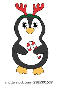Cartoon Christmas and New Year Penguin character. Cute Penguin with candy cane and Deer Antler Headband. Vector flat illustration.