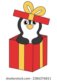 Cartoon Christmas and New Year Penguin character. Cute Penguin in gift box. Vector flat illustration