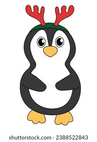 Cartoon Christmas and New Year Penguin character. Cute Penguin with Deer Antler Headband. Vector flat illustration.