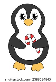 Cartoon Christmas and New Year Penguin character. Cute Penguin with candy cane. Vector flat illustration.