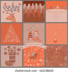 Cartoon Christmas and New Year set in pink colors. Deer with birds, Santa in forest, Snowman, holiday tree, cute cat with gifts and other funny Christmas cards and backgrounds