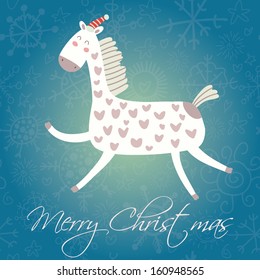 Cartoon Christmas and New Year vector card with 2014 symbol - cartoon funny horse