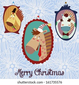 Cartoon Christmas and New Year vector card with 2014 symbol - cartoon funny horse