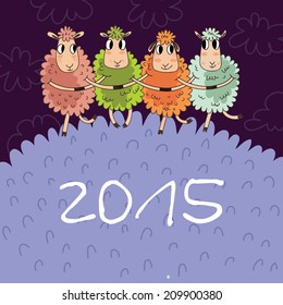 Cartoon Christmas and New Year vector card with 2015 symbol - very cute sheep