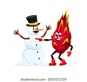 Cartoon Christmas and new year winter tropical dragon fruit character cheerfully building snowman, spreading holiday joy with its festive attire and winter holiday fun. Isolated vector xmas personage