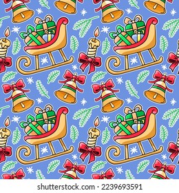 Cartoon Christmas or New Year's pattern with Santa's sleigh, vector seamless pattern in the style of doodles, hand drawn