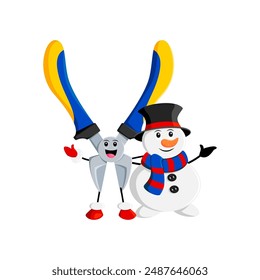 Navidades de dibujos animados nippers bricolaje y reparación del carácter de la herramienta. Personaje de instrumentos de construcción traviesa de Vector aislado y un muñeco de nieve amable, compartiendo la alegría de las vacaciones con sonrisas y atuendo festivo