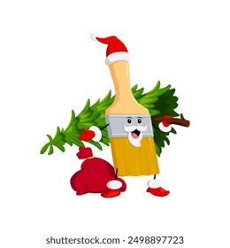 Dibujos animados Navidades de pinceles de bricolaje y reparación de personajes de herramientas en el sombrero de Santa, llevando alegremente el árbol de Navidad y el saco con regalos. Vector aislado festivo pincel de pintura instrumento de construcción personage