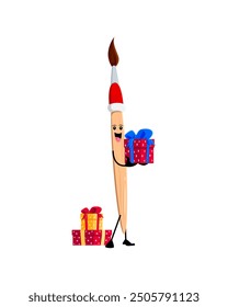 Cartoon Christmas paintbrush school education item character, gleefully holds a gift box, with a cheerful smile. Isolated vector festive paint brush personage celebrates holiday with creative spirit