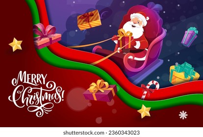 Caricatura Papel navideño cortado volando a Santa en trineos y cayendo regalos de vacaciones. Vacaciones de invierno, banner de celebración de Navidad o cubierta vectorial. Año Nuevo o fondo de corte de papel con feliz regalo de Papá Noel