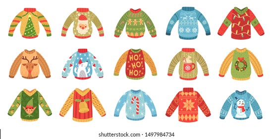 Cartoon christmas party jumpers. Xmas holidays ugly sweaters, knitted winter jumper and funny Santa sweater. Seasonal december 2020 holiday cozy clothing. Isolated vector icons set