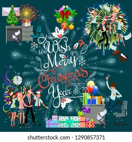 Cartoon christmas party at work in office