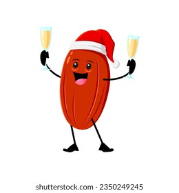 Cartoon Christmas peanut character wearing festive Santa Claus hat, holding wineglasses with champagne. Isolated vector protein seed personage celebrate New year bash or Xmas party celebratory event