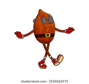 Cartoon Christmas peanut nut groovy character exuding confidence as it struts with stylish retro sunglasses, sneakers, gloves and belt, captures festive holiday spirit and playful seasonal Xmas vibe