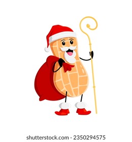 Cartoon Christmas peanut nut Santa character wear red hat holding wooden staff and gifts bag. Isolated vector xmas Father Noel plant pod personage deliver presents and spreading festive spirit and joy