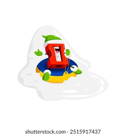 Cartoon Christmas pencil sharpener school education item, stationery character joyfully slides down snowy hills. Isolated vector festive personage spreading cheer and creativity in winter wonderland
