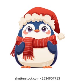 Cartoon Christmas penguin on white background. Kawaii  and cute penguin wearing santa hat and red scarf. Vector character isolated