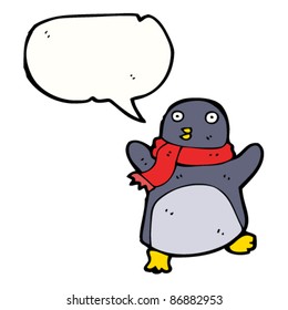 cartoon christmas penguin in scarf with speech bubble