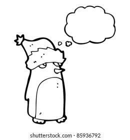 caricatura navideña pingüino con burbuja de pensamiento