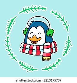 Cartoon Christmas Penguin, winter illustration, sticker icon, vector design element, hand drawn