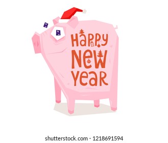 Cartoon Christmas pig for 2019 New Year greeting card, banner, placard or poster. Eps10 vector illustration