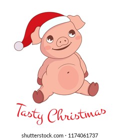 Cartoon christmas pig in Santa's hat. Vector illustration, template postcard, poster for the new year