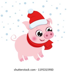 Cartoon christmas pig in Santa's hat vector image