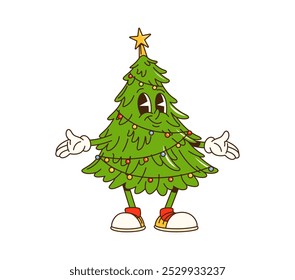 Navidades de dibujos animados de árbol de pino groovy personaje en zapatillas hippie. Picea funky de Vector aislada con guirnalda ligera y adorno de estrella, difundiendo la alegría con un ambiente retro jazzy y decoraciones brillantes