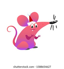 Cartoon christmas pink mouse. Vector illustration 