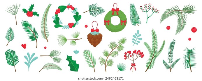 Cartoon christmas plants. Pine red berries branches mistletoe and wreath. Evergreen tree spruce pine cedar branch, forest neoteric vector set