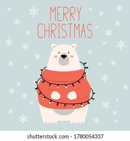 Cartoon Christmas polar bear with  garland and lettering. Vector isolated funny happy new year illustration for xmas cards, banners and labels.