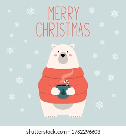 Cartoon Christmas polar bear with  hot chocolate and lettering. Vector isolated funny happy new year illustration for xmas cards, banners and labels.