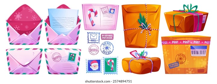 Cartoon Christmas post mail collection - pink envelopes with snowflake pattern, wrapped brown parcel boxes, festive postal stamps, sealed letters, air mail postmarks for winter holiday delivery design