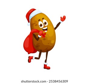 Cartoon Christmas potato Santa with gifts bag for winter holiday character, vector vegetable. Funny potato in Santa hat with gifts bag and happy face for Merry Christmas and New Year holiday greetings