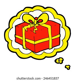 navidad de caricatura presente con burbuja de pensamiento
