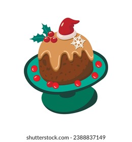 Cartoon Christmas pudding decorated with holly, Santa hat and snowflake.Festive dish for sweet dessert.Winter holiday cooked meal for Xmas party.Vector food illustration isolated on white background.
