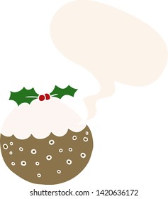 Cartoon-Weihnachtspudding mit Sprachblase im Retro-Stil