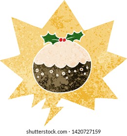 navidad de caricatura pudding con burbuja de habla en un estilo retro angustiado y texturado