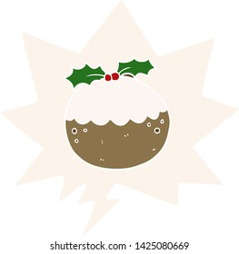 cartoon christmas pudding with speech bubble in retro style