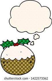 cartoon christmas pudding with thought bubble in comic book style