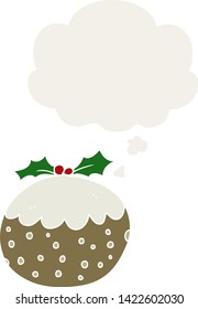 cartoon christmas pudding with thought bubble in retro style
