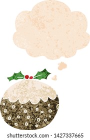 navidad de caricatura pudding con burbuja de pensamiento en un estilo retro angustiado y con texturas estrafalarias