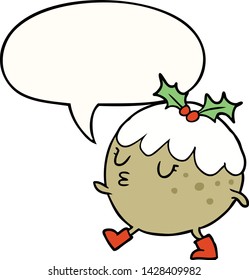 cartoon christmas pudding walking with speech bubble