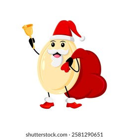 Cartoon Christmas pumpkin seed character rings a bell. Isolated vector vegetable kernel, protein food personage wearing Santa Claus hat and gifts bag joyfully knolling, celebrating Xmas holiday eve