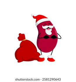 Cartoon Christmas red bean character with gifts bag. Isolated vector xmas Santa or Father Noel kidney personage deliver presents, spreading festive spirit and joy. Healthy protein kernel St Nicholas