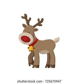Cartoon Christmas reindeer  with bell and red nose. Vector illustration.