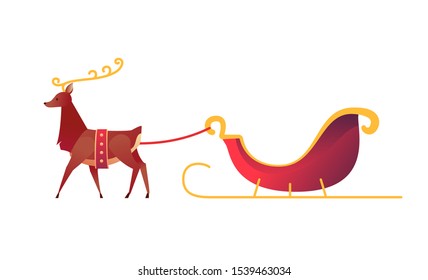 Cartoon christmas reindeer carrying santa sleigh with red bag full of present boxes. Vector northern deers symbol of winter holidays. Flat animals with golden hornsfor xmas invitation, greeting cards