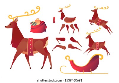 Cartoon christmas reindeer creation set. Vector northern deer animation set with santa sleigh, bag with present boxes. Flat deer with golden horns with xmas holiday invitation, greeting cards design.