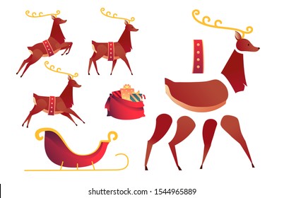 Cartoon christmas reindeer creation set. Vector northern deer animation set with santa sledge, bag with present boxes. Flat deer with golden horns with xmas holiday invitation, greeting cards design.