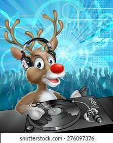 A cartoon Christmas reindeer DJ with headphones on at the record decks with party dancing crowd in the background